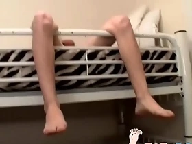 Homo rubs his hairy feet and dick on the bunk bed solo