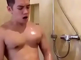 Asian hunk in shower cums