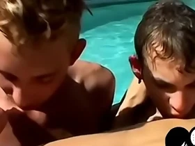 Young emo homosexuals fuck ass in poolside threeway