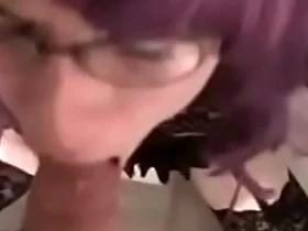 Purple hair CD sucks uncle cock and swallows sperm