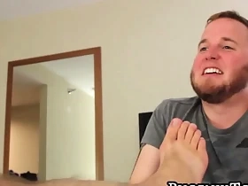 Hairy bear has feet play and receives blowjob from two homos