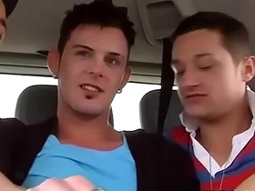 Cock craving twink rammed in moving car threesome